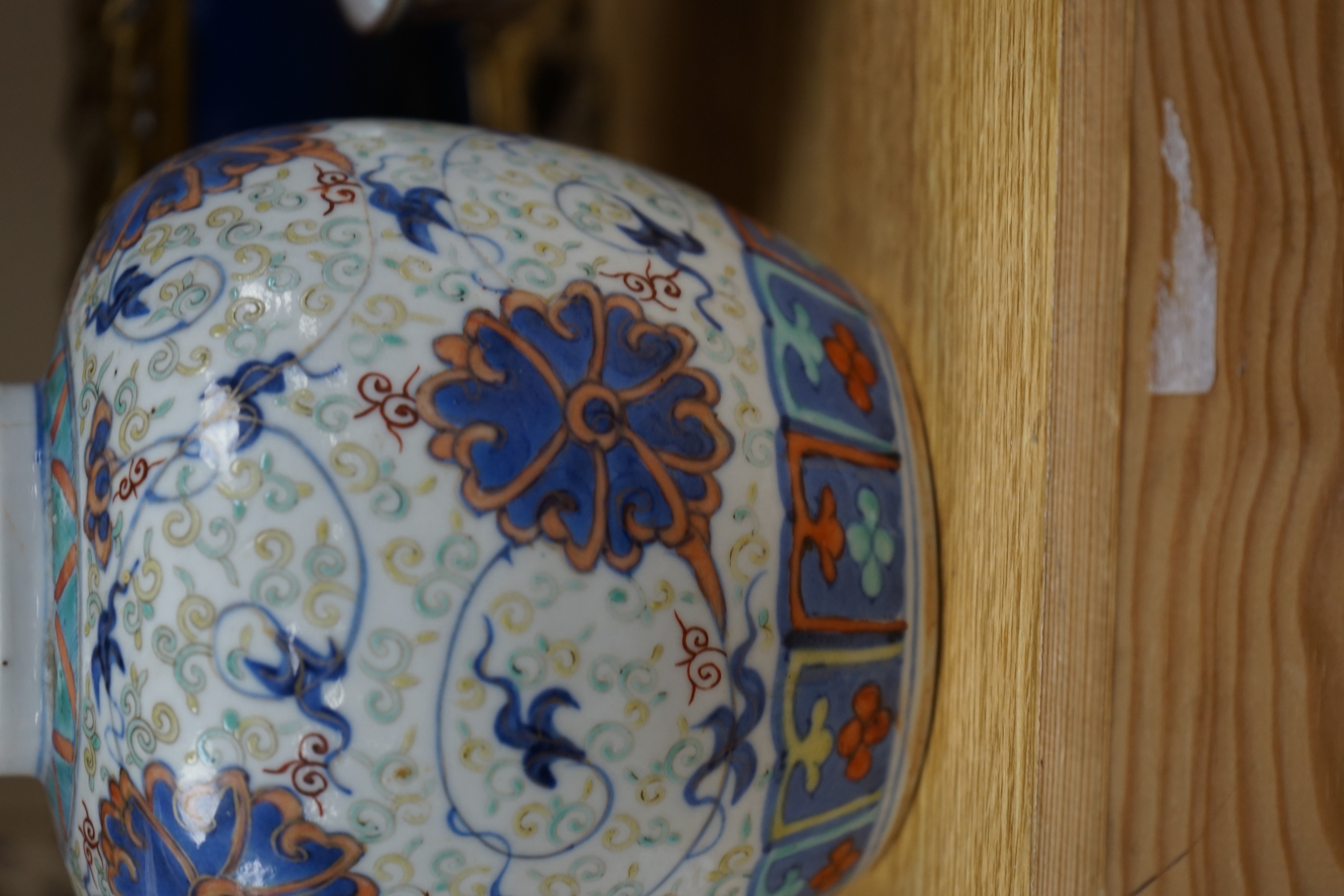 An 18th century Chinese clobbered blue and white bowl, a Samson powder blue ormolu mounted bowl, 19.5cm wide and a 19th century Chinese doucai style jar